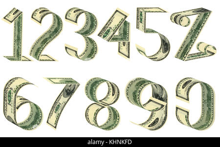 Zahlen und Prozent von Dollar. Alle Banknoten unterschiedlich. Auf weiß Isoliert Stockfoto