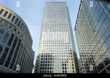 One Canada Square, manchmal auch Canary Wharf Tower oder einfach Canary Wharf genannt, ist ein Wolkenkratzer in Canary Wharf, London Stockfoto