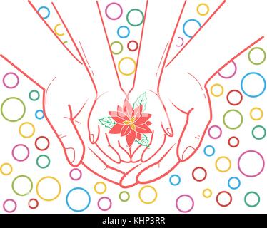 Konzept der Schutz, die Pflege für ein Kind, das in der Form eines erwachsenen Hand eines Kindes Hand und eine Blume in der Hand. Abbildung in der linearen Sty Stock Vektor