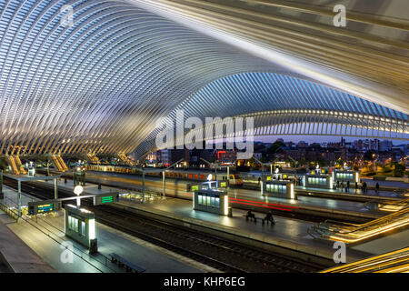 Liege, Belgien - 9. Mai 2017: Liege Guillemins Zug Bahnhof in der Dämmerung von Santiago Calatrava in Belgien. Stockfoto