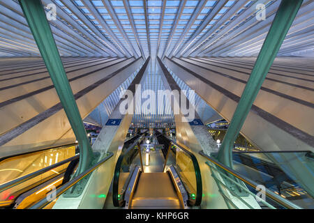 Liege, Belgien - 9. Mai 2017: Liege Guillemins Zug Bahnhof in der Dämmerung von Santiago Calatrava in Belgien. Stockfoto