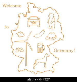 Vector Illustration mit verschiedenen Symbolen in Deutschland. Reisen und Freizeit. Design für Banner, Poster oder Drucken. Stock Vektor