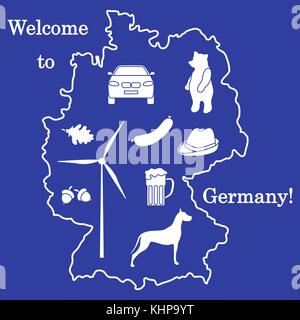 Vector Illustration mit verschiedenen Symbolen in Deutschland. Reisen und Freizeit. Design für Banner, Poster oder Drucken. Stock Vektor