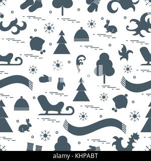 Nahtlose Muster mit unterschiedlichen winter Elemente: Schlitten, Baum, Schal, Mütze, Handschuhe, Socken und anderen. Design für Banner, Flyer, Plakat oder Drucken. Stock Vektor