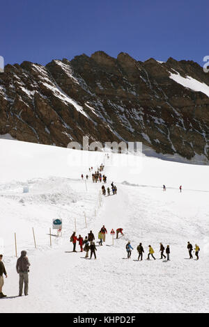 Wanderer auf dem Jungfraufirngletscher mit Jenseits, dem Grat des Trugbergs: Berner Oberland, Schweiz Stockfoto