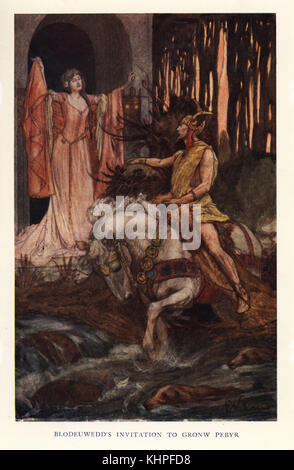 Blodeuwedd, Ehefrau von lleu Llaw Gyffes der Britischen Sun God, winkt zu Gronw Pebyr, einem gälischen Gott der Finsternis. Chromolithograph nach einem Gemälde von E.Wallcousins von Karls Squire keltische Mythen und Legenden, London, 1900. Stockfoto