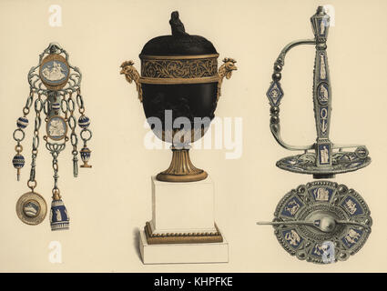 Wedgwood Keramik montiert: 112 in Stahl und Gold, Vase aus Basalt sucrier, Bronze und Marmor und Gericht Schwert in der Hand - Stahl. Chromolithograph von W. Griggs von Friedrichs Rathbone alte Wedgwood, die dekorativen oder künstlerischen keramische Arbeiten von Josiah Wedgwood, Quaritch, London, 1898. Stockfoto