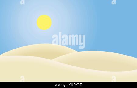 Cartoon Vector Illustration einer Landschaft der Wüste unter einem klaren blauen Himmel mit einer heißen Sonne - Flaches Design Stock Vektor