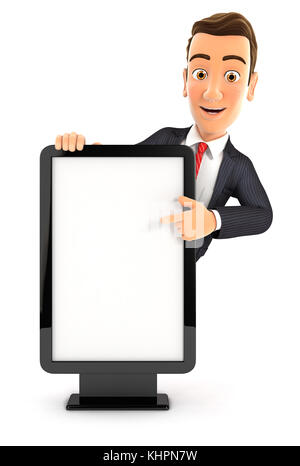 3d-Geschäftsmann, der auf leere Reklametafeln, Abbildung mit isoliert weißer Hintergrund Stockfoto