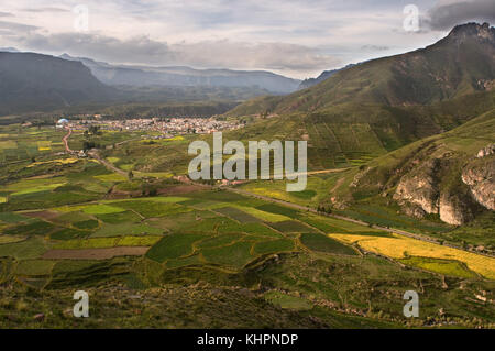 Panoramablick von Arequipa auf Rio Colca im Colca Canyon über Terrassen zu schneebedeckten Vulkanen und Bergen in der Nähe von Chivay, Peru Stockfoto