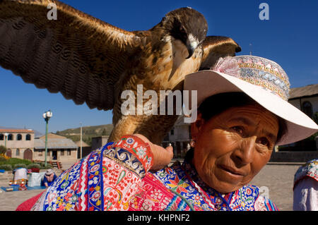 Yanke, eine der kleinen Städte im Colca Valley, wo die Verkäufer den Verkauf beleben, indem sie sich mit ihren Adlern, Eulen und Lamas fotografieren. Stockfoto