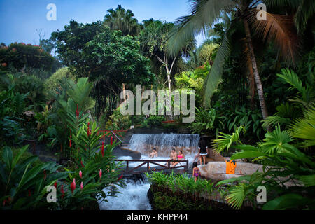 Heiße Quellen aus dem Arenel vocano an der Tabacón Grand Spa, Costa Rica. Besucher genießt eine der warmen Ströme, fließt durch Tabacon Hot Spring Stockfoto