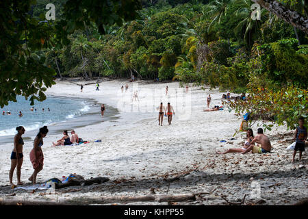 White Sand Beach Nationalpark Manuel Antonio Puntarenas Costa Rica. Tropischer Strand und Bucht mit blühenden tropischen Regenwald Bäume und Menschen auf Bea Stockfoto