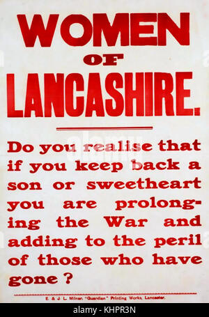 Woman OF LANCASHIRE British First World war Recruiting Poster etwa ab dem Jahr 1915 Stockfoto