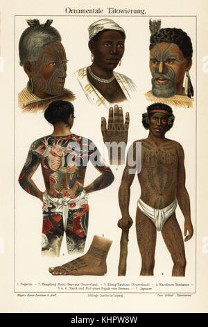 Ornamental Tattoos: Afrikanische Frau 1, Maori chief (Neuseeland) 2, Maori König 3, Caroline Islander 4, Seite 5 und Fuß 6 der Dayak (Borneo), und ein Japaner mit irezumi und fundoshi 7. Chromolithograph von Joseph Meyers Lexikon, Meyers Konversations-Lexikon, 1885. Stockfoto