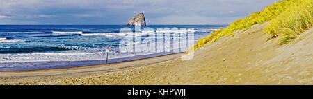 Panoramablick auf Meer stack Felsformation aus Cape Kiwanda State Park, Oregon. Stockfoto