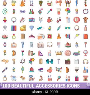 100 schöne Accessoires Symbole, Cartoon Stil Stock Vektor