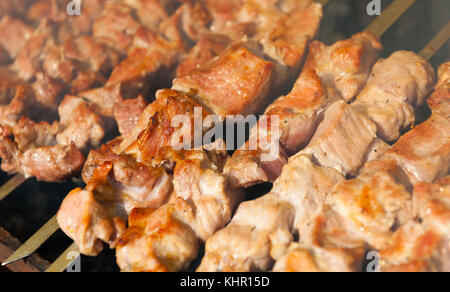 Schaschlik, Lamm Fleisch grillen auf Metall Spieß und gegrilltem Gemüse zubereitet Stockfoto