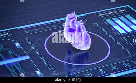 Futuristische App Schnittstelle für medizinische und wissenschaftliche Zwecke - menschliche Herz Scanner (3D-Render) Stockfoto