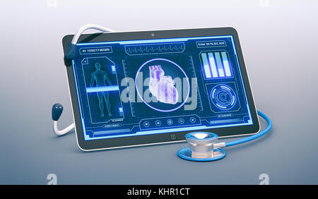 Tablet-PC mit einem futuristischen App Schnittstelle für medizinische und wissenschaftliche Zwecke, menschliche Herz Scanner (3D-Render) Stockfoto