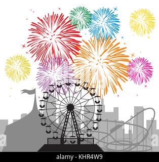 Vektor Feuerwerk und Silhouetten einer Stadt und Vergnügungspark mit Zirkus, Riesenrad und Achterbahn Stock Vektor