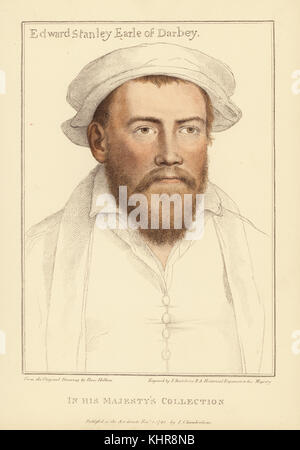 Edward Stanley, 3rd Earl of Derby, englischer Edelmann, Tasse Inhaber Anne Boleyn, 1509-1572. Papierkörbe Kupferstich von Francis Bartolozzi nach Hans Holbein aus Faksimiles von Originalzeichnungen von Hans Holbein, Hamilton, Adams, London, 1884. Stockfoto