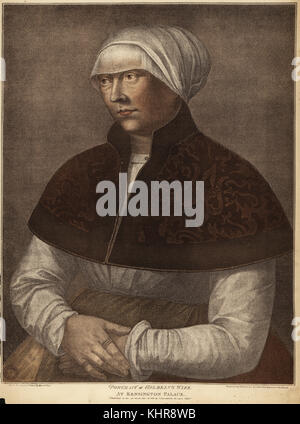 Portrait von Hans Holbein's Frau Elsbeth im Kensington Palace. Papierkörbe Kupferstich von Francis Bartolozzi nach Hans Holbein aus Faksimiles von Originalzeichnungen von Hans Holbein, Hamilton, Adams, London, 1884. Stockfoto