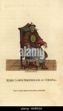 Kien Lange (qianlong) Kaiser von China, 6. Kaiser der Qing-Dynastie (1711-1799). Papierkörbe Kupferstich von Andrea Freschi nach Antoine Cardon von Henri-Leonard - Jean-Baptiste Bertin und Jean Baptiste Joseph Breton Chinas, seine Kostüme, Kunst, fertigt, etc., Howlett und Brimmer, London, 1824. Stockfoto