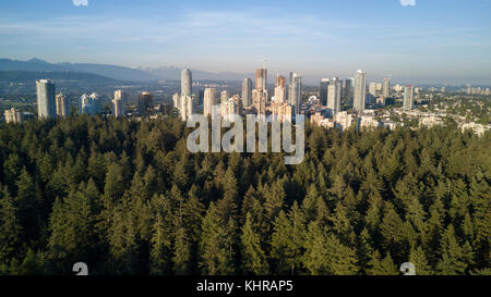 Luftaufnahme von metrotown Stadt vom Central Park in Burnaby, Greater Vancouver, British Columbia, Kanada. Stockfoto