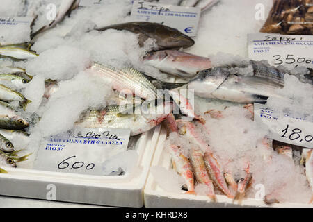 Frisch gefangenen Fisch auf Eis für den Verkauf in der griechischen Fischmarkt Stockfoto
