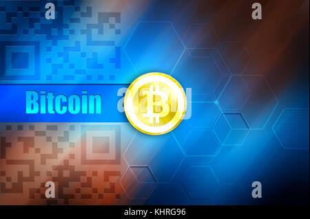 Bitcoin Tapete. bitcoin Goldmünze, text Bitcoin auf blauem Hintergrund Hintergrundbild für News, Artikel über blockchain, cryptocurrency Bitcoin. Stockfoto