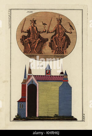 König Heinrich I. die Fowler, König von Osten Francia, und Heinrich II., Saint Henry, Kaiser des Heiligen Römischen Reiches, auf Stühlen mit Krone, Schwert und Reichsapfel, und eine normannische Kapelle. Papierkörbe Kupferstich von Robert von Spalart das historische Bild der Kostüme der wichtigsten Menschen der Antike und des Mittelalters, Chez Collignon, Metz, 1810. Stockfoto