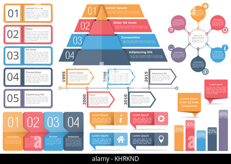 Satz von infografik Elemente - Objekte mit Text, Zahlen und Symbole, Timeline, Kreisdiagramm, Pyramide, Balkendiagramm, Vector EPS 10 Abbildung Stockfoto