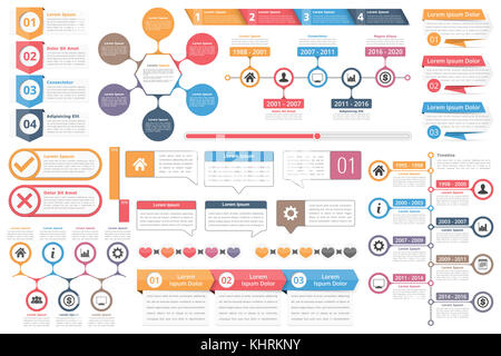 Infografik Elemente - Objekte mit den Nummern amd Text, timeline Infografiken, Prüfen und Kreuz Symbole, Kreisdiagramm, Sprechblasen, Diagramme, Stockfoto