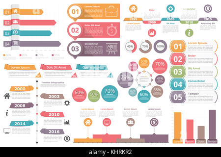 Satz von infografik Elemente - Balkendiagramme, Zeitleisten, Kreisdiagramm, Flussdiagramm, Objekte mit Prozente, Zahlen, Zeichen und Symbole, business Infografiken, Stockfoto