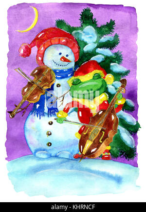 Freunde Schneemann in Santa Hut und Frosch in Santa Kostüm spielen Weihnachtsmusik gegen Nadelbaum. Handgezeichnete Illustration für Poster, Grußkarte, Inv Stockfoto