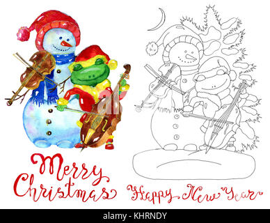 Design-Set mit Schneemann und Frosch in Santa Kostüme spielen Weihnachtsmusik. Handgezeichnete isolierte Illustration, Design-Element, für Poster, Begrüßung Auto Stockfoto