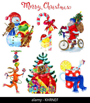 Design-Set mit Schneemann, Santa, Hirsch Rudolph, Welpen in Santa Geschenke Tasche, Geschenke, Tasse heißen Tee und Huhn mit Weihnachtsrohr isoliert auf weiß. Stockfoto
