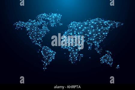 Weltkarte von Linien und Dreiecken, Punkt anschließen Netzwerk auf blauem Hintergrund. illustration Vektor Stock Vektor