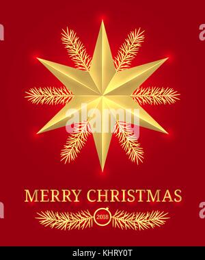 Frohe Weihnachten 2018. Vektor holiday Banner mit frohe Weihnachten Gruß in goldenen und roten Farbe. golden leuchtenden Stern, Text und Zweig Fichte Stock Vektor