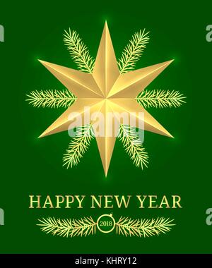 Frohes neues Jahr 2018. Vektor holiday Banner mit neuen Jahr Gruß in goldenen und grünen Farbe. golden leuchtenden Stern, Text und Zweig Fichte Stock Vektor