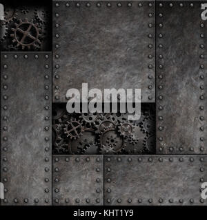Rostiges Metall mit Zahnräder und Getriebe hinter sich. Steam Punk Technologie 3D-Hintergrund. Stockfoto