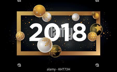 Abstract 2018 Neujahrsgruß card Design mit 3d-weiß, schwarz und gold Weihnachtskugeln. Elemente sind separat in Vektordatei geschichtet. Stock Vektor