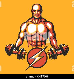 Bodybuilder in Ausbildung pose mit einer Hantel. Fitnessstudio oder Fitness club Emblem. Vector Illustration Stock Vektor