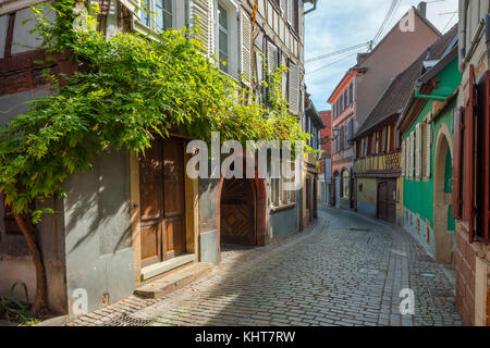 Weg mit alten bunten Häuser im Dorf Barr, auf der Weinstraße des Elsass, Frankreich Stockfoto
