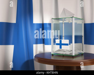 Wahlurne mit finnischer Flagge und Stimmzettel. Finnische Präsidentschafts- oder Parlamentswahlen. 3D-Abbildung Stockfoto