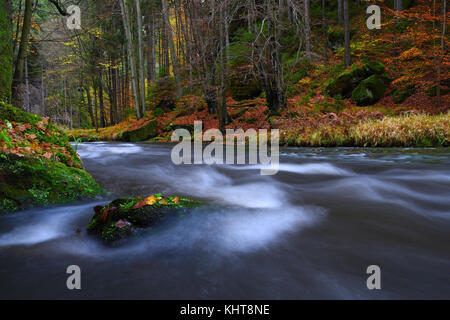 Mountain River mit niedrigem Wasser, Kies mit bunten Buche, Aspen und Ahornblätter. frisches Grün bemoosten Steine und Felsbrocken auf dem Fluss Bank nach Stockfoto