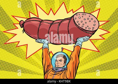 Astronaut und gekochte Wurst, Fleisch Produkte. pop art retro Vektor illustration Stock Vektor