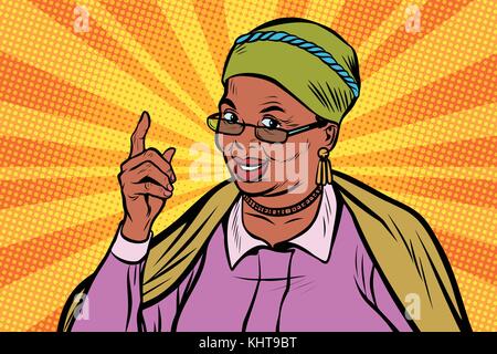 Afrikanische ältere Frau Finger nach oben zeigen. pop art retro Vektor illustration Stock Vektor