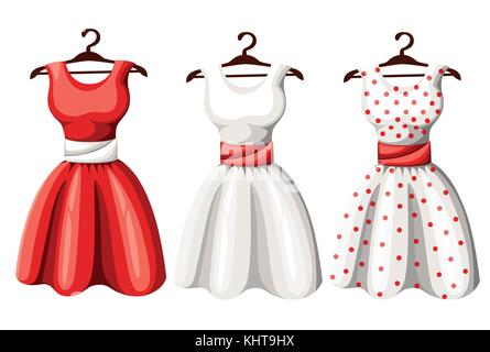 Satz von Retro pinup cute woman Kleider. Kurze und Lange elegante schwarze, rote und weiße Farbe Polka Dot Design Dame Kleid Kollektion. Vektor kunst Bild illu Stock Vektor